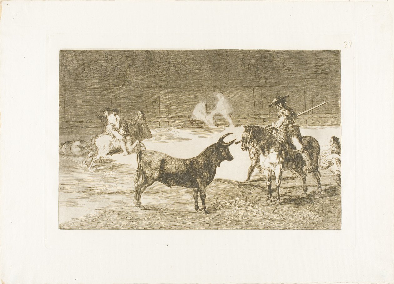 El Celebrado Picador, Fernando del Toro, Atrae a la Fiera con su Pique, placa 27 de El Arte del Toreo de Francisco Jose de Goya y Lucientes