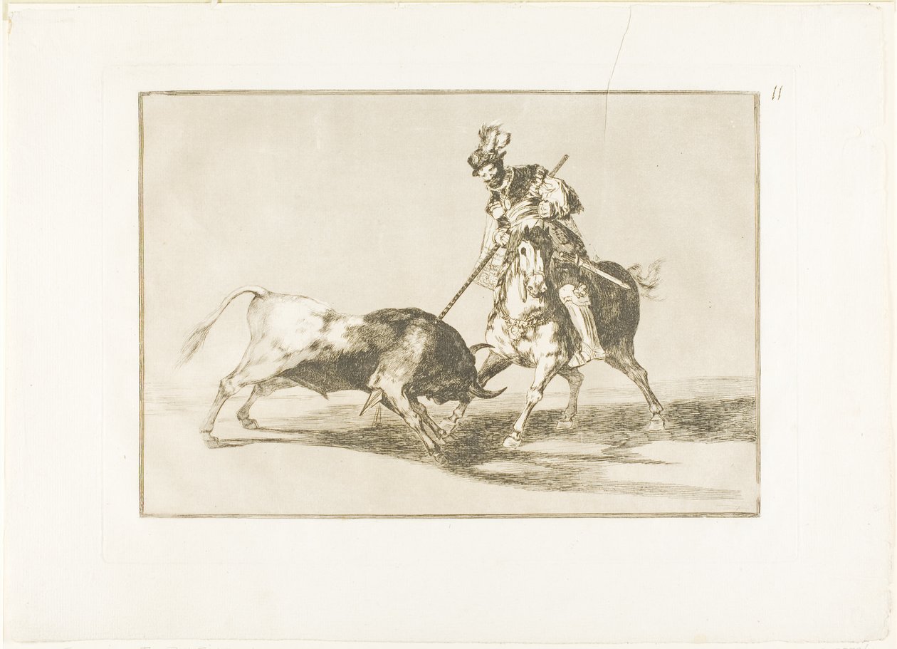 El Cid Campeador lanceando otro toro, lámina once de El Arte de Torear de Francisco Jose de Goya y Lucientes