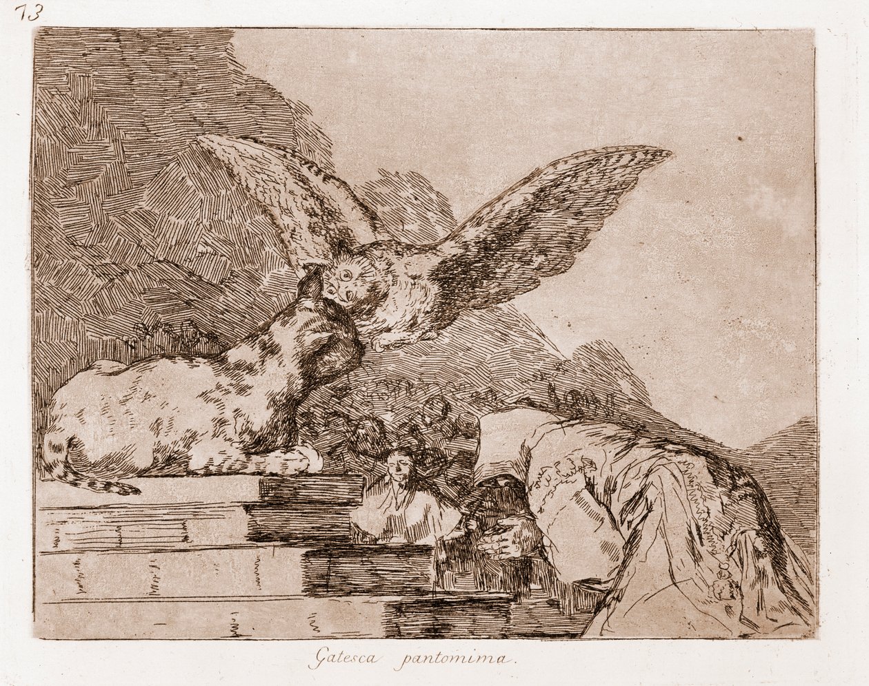 Los desastres de la guerra: Pantomima de gatos (aguafuerte de un dibujo preparatorio) de Francisco de Goya
