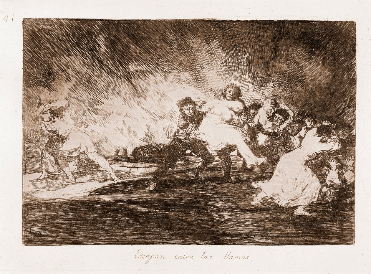 Los desastres de la guerra: Huyen a través de las llamas (aguafuerte de un dibujo) de Francisco de Goya