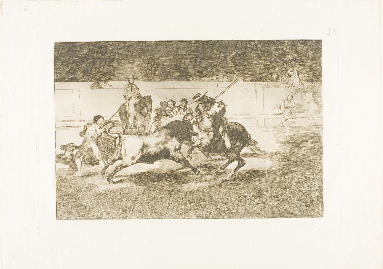 El enérgico Rendón apuñala a un toro con la pica, de la cual murió en el ruedo en Madrid, placa 28 de El arte de la tauromaquia de Francisco Jose de Goya y Lucientes