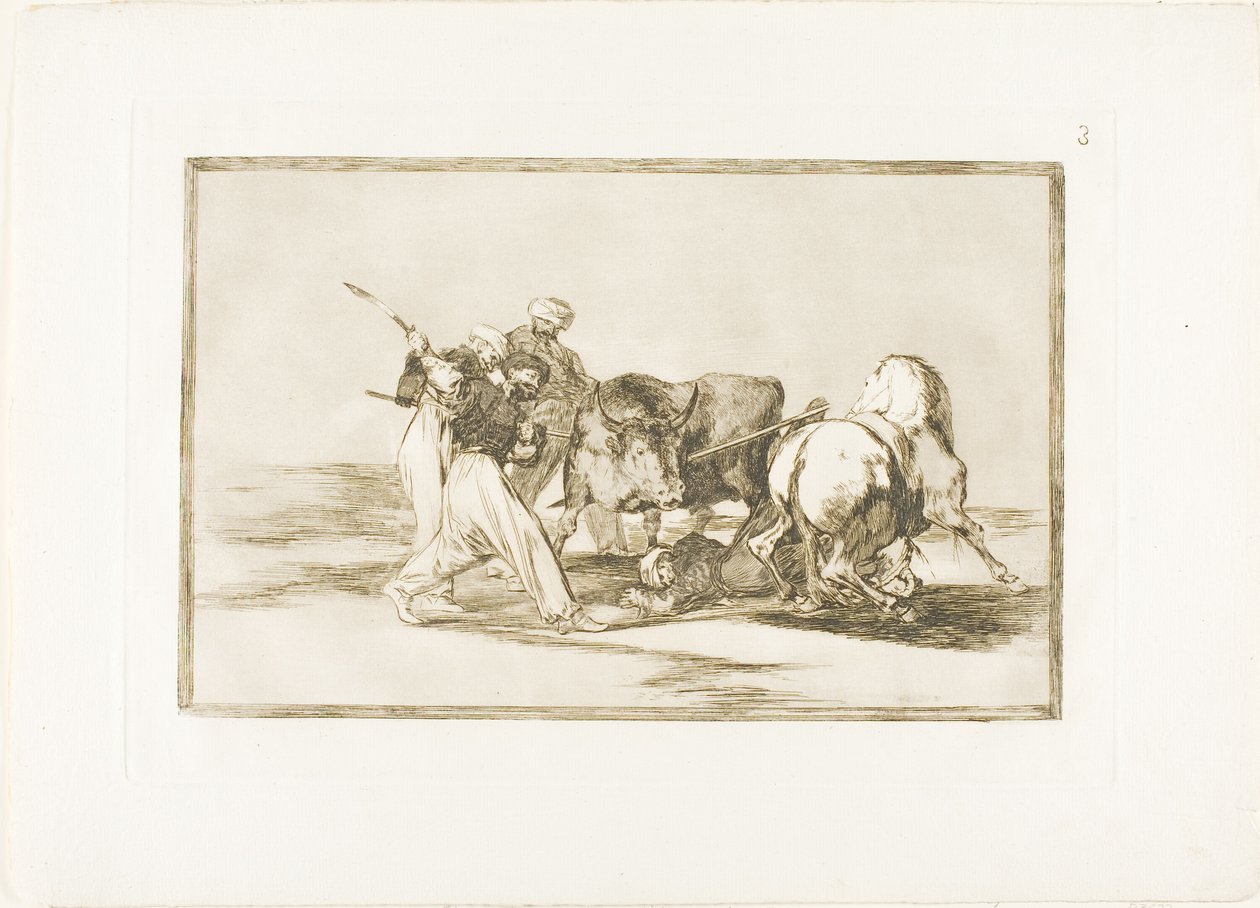 Los moros se establecieron en España, abandonando las supersticiones del Corán, adoptaron este arte de caza y lanzan una lanza a un toro en campo abierto, placa tres de El arte de la tauromaquia de Francisco Jose de Goya y Lucientes