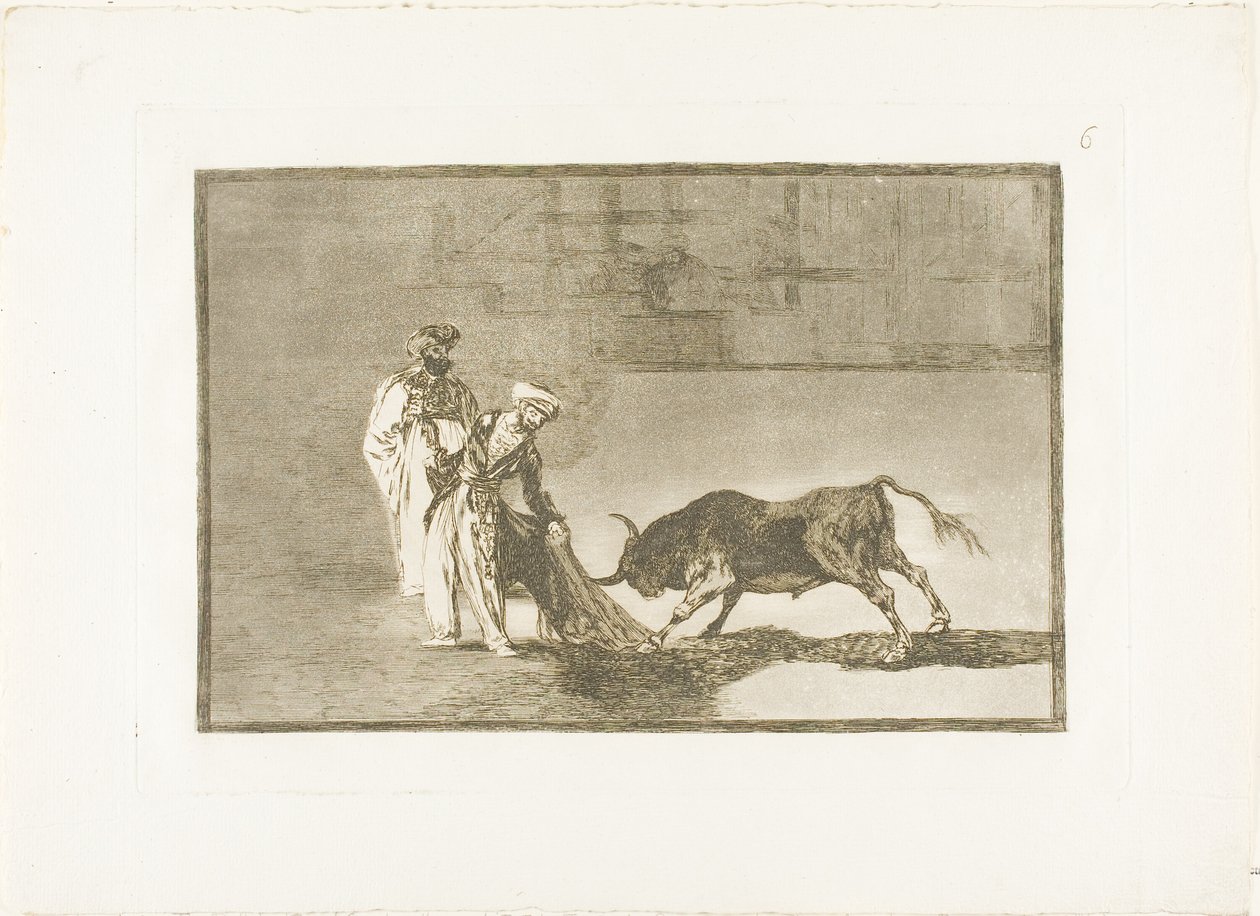Los moros hacen un juego diferente en el ruedo llamando al toro con sus burnous, lámina seis de El arte de la tauromaquia de Francisco Jose de Goya y Lucientes