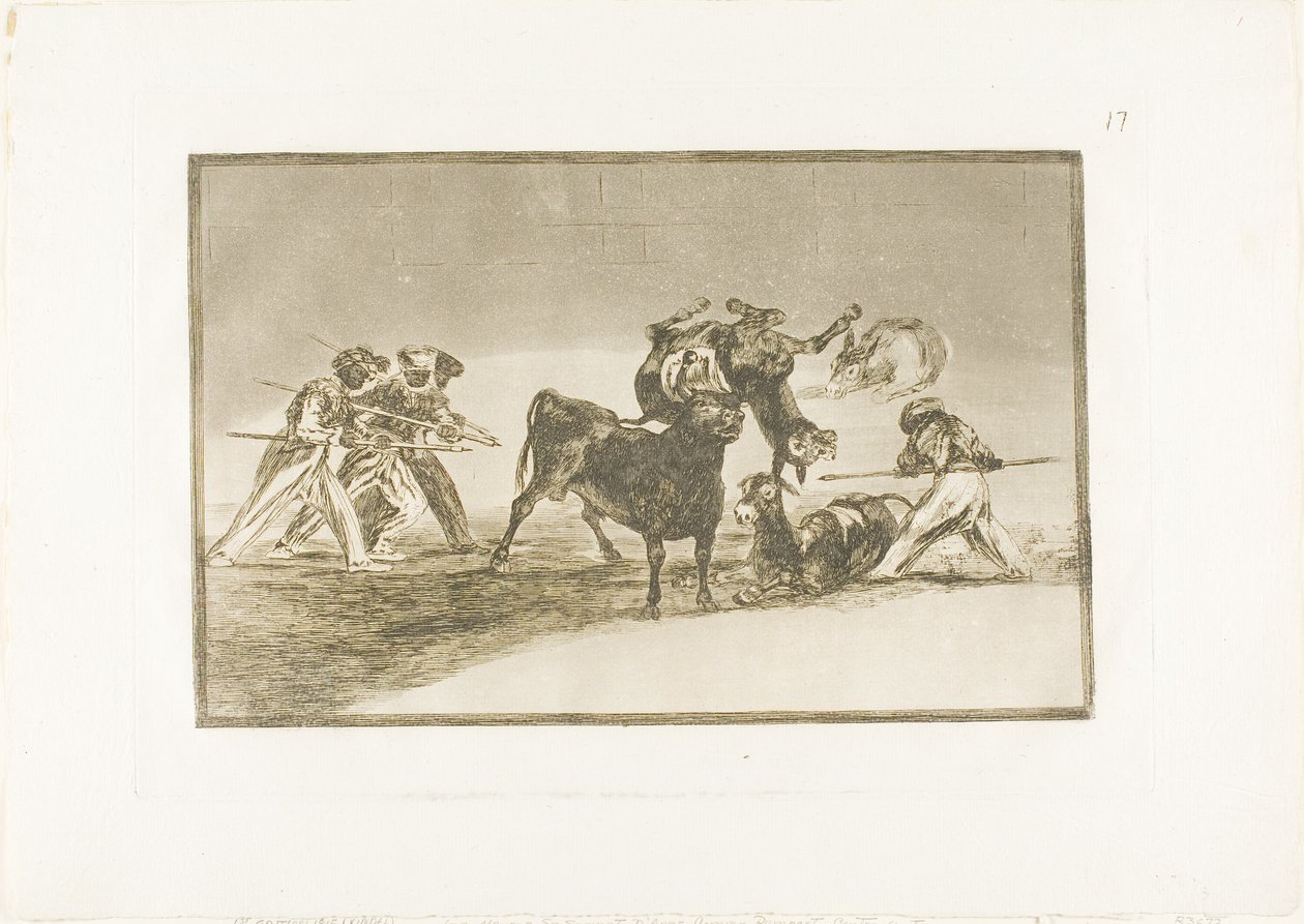 Los moros usan burros como barrera para defenderse del toro cuyos cuernos han sido cubiertos con bolas, placa 17 de El arte de la tauromaquia de Francisco Jose de Goya y Lucientes