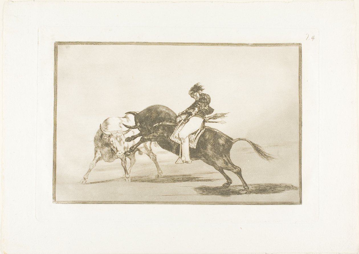 El mismo Ceballos, montado en otro toro, rompe lanzas cortas en el ruedo de Madrid, lámina 24 de El arte de torear de Francisco Jose de Goya y Lucientes