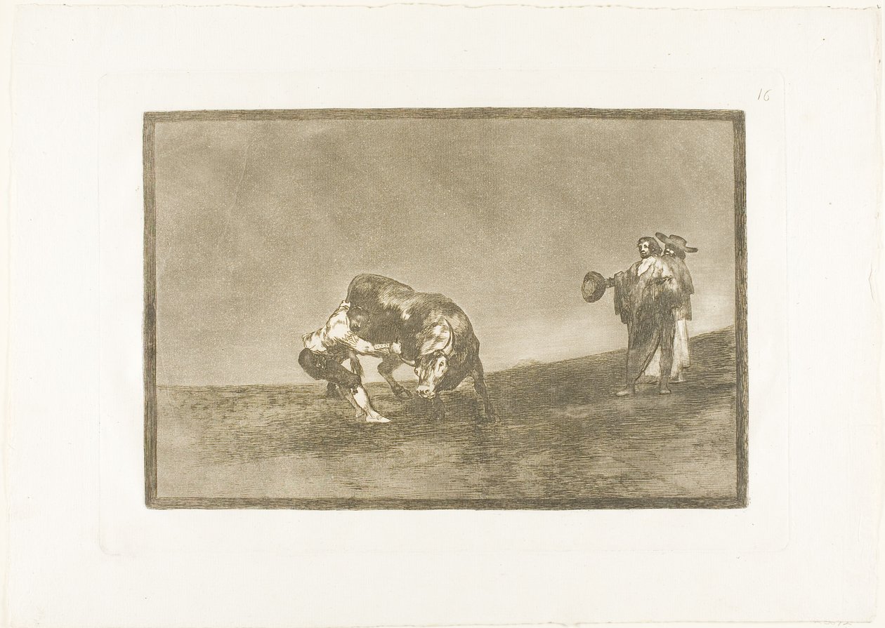 El mismo hombre lanza un toro en el ruedo en Madrid, placa 16 de El Arte del Toreo de Francisco Jose de Goya y Lucientes