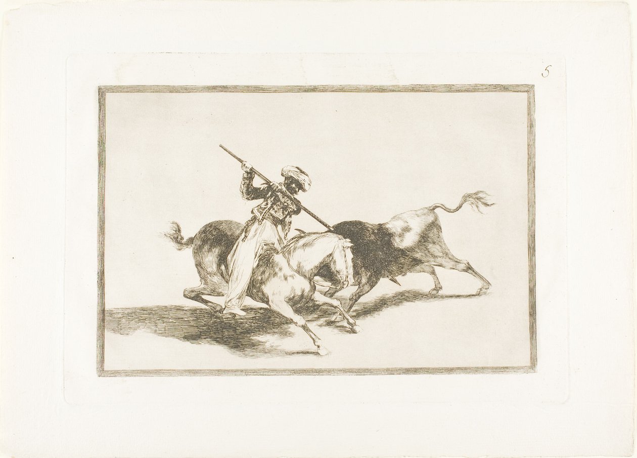 El moro animado Gazul es el primero en lancear toros según las reglas, lámina cinco de El arte de la tauromaquia de Francisco Jose de Goya y Lucientes