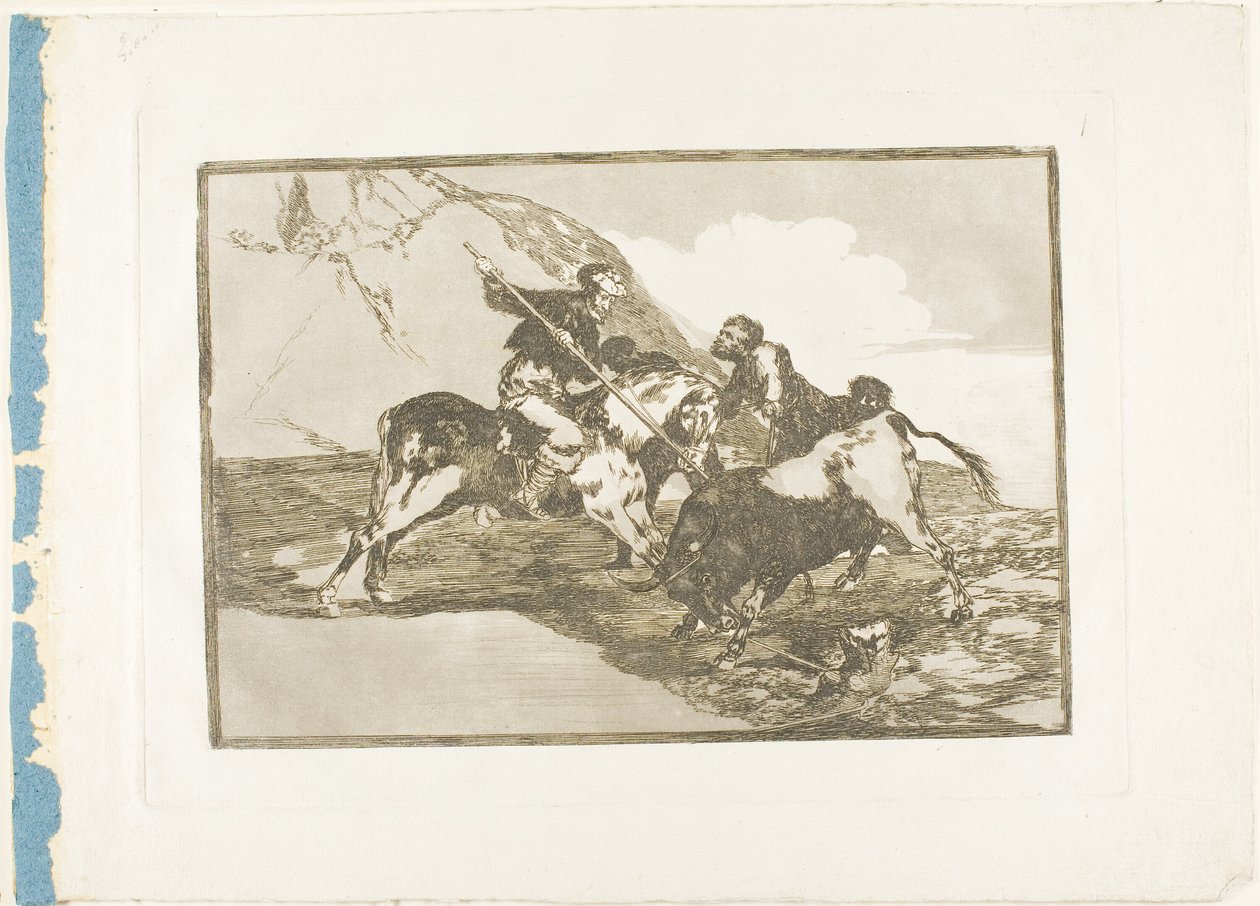 La Forma en que los Antiguos Españoles Cazaban Toros a Caballo en el Campo Abierto, lámina uno de El Arte del Toreo de Francisco Jose de Goya y Lucientes