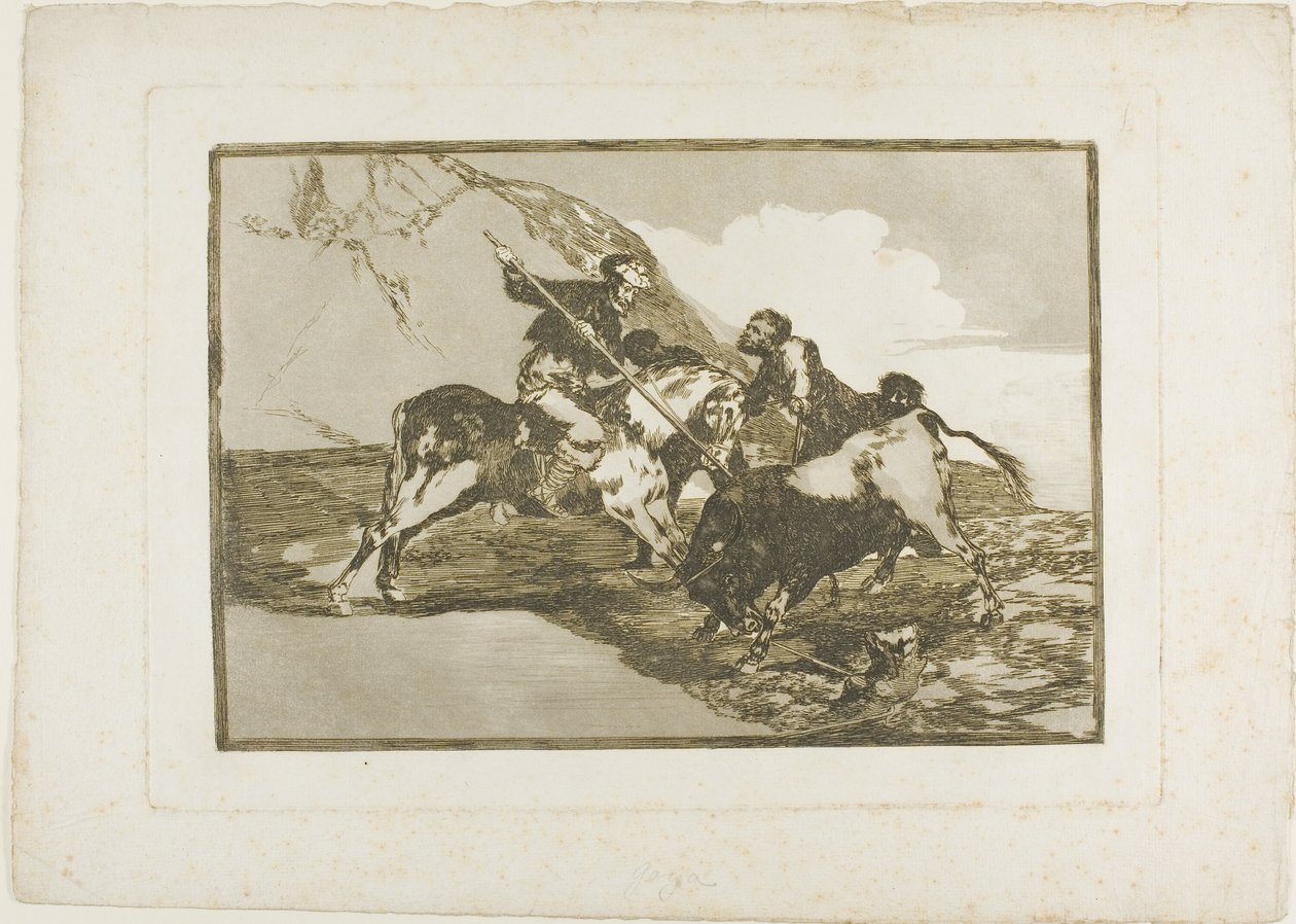 La forma en que los antiguos españoles cazaban toros a caballo en campo abierto, lámina uno de El arte de la tauromaquia de Francisco Jose de Goya y Lucientes