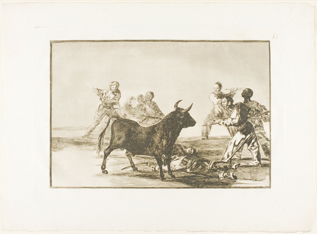 La chusma desjarreta al toro con lanzas, hoces, banderillas y otras armas, lámina doce de El arte del toreo de Francisco Jose de Goya y Lucientes