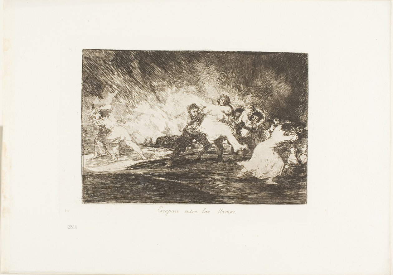 Escapan a través de las llamas, lámina 41 de Los desastres de la guerra de Francisco Jose de Goya y Lucientes