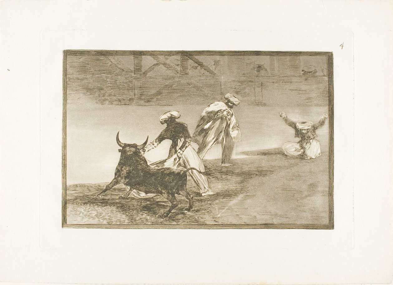 Juegan otro con la capa en un recinto, lámina cuatro de El arte de la tauromaquia de Francisco Jose de Goya y Lucientes