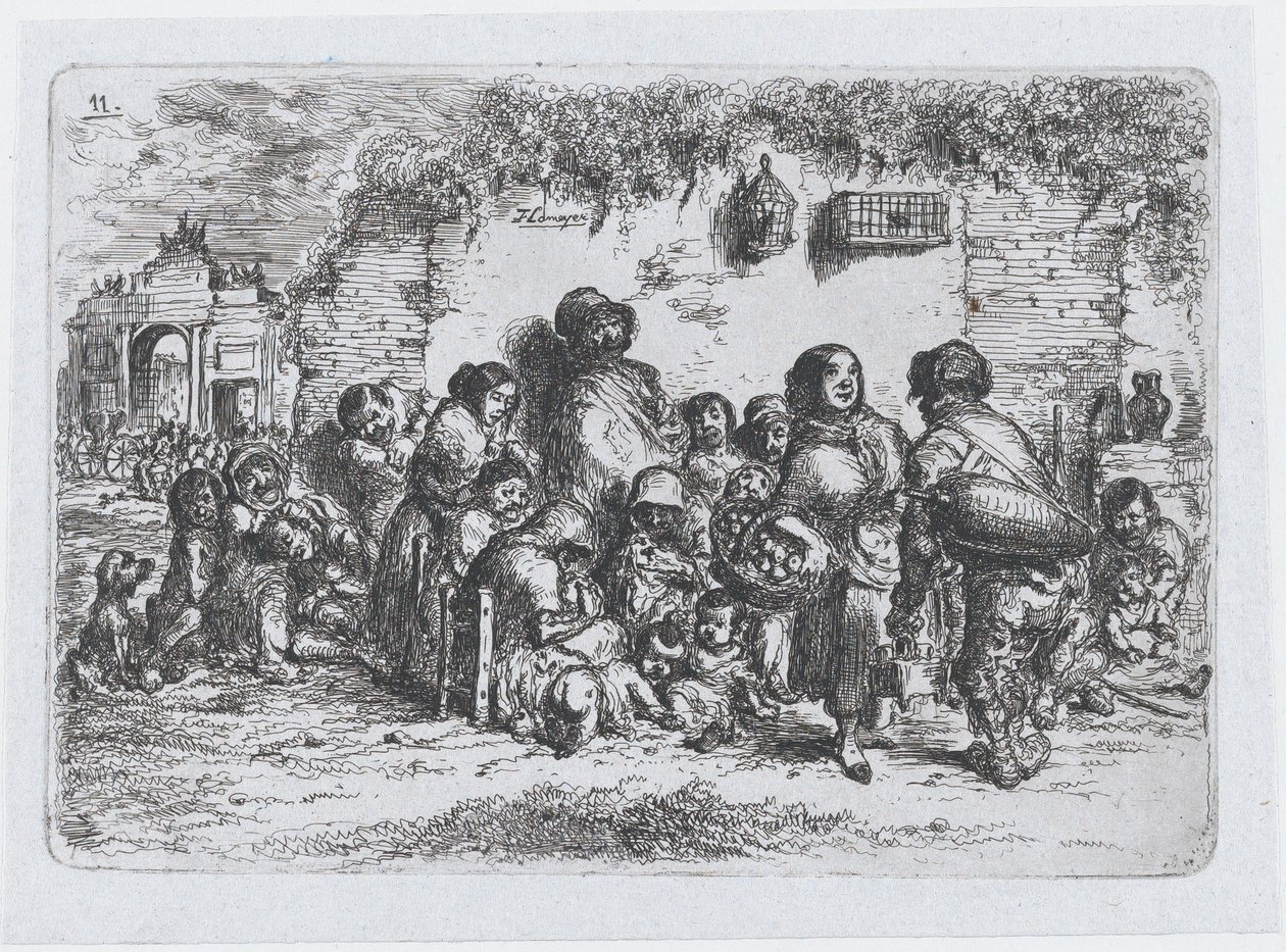 Placa 11: un grupo de personas al aire libre, de la serie de costumbres y pasatiempos de los españoles..., 1850 de Francisco Lameyer Berenguer