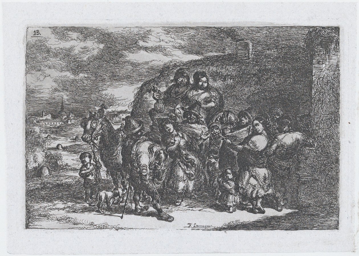 Placa 13: un grupo de personas al aire libre, posiblemente músicos, de la serie de cust..., 1850 de Francisco Lameyer Berenguer