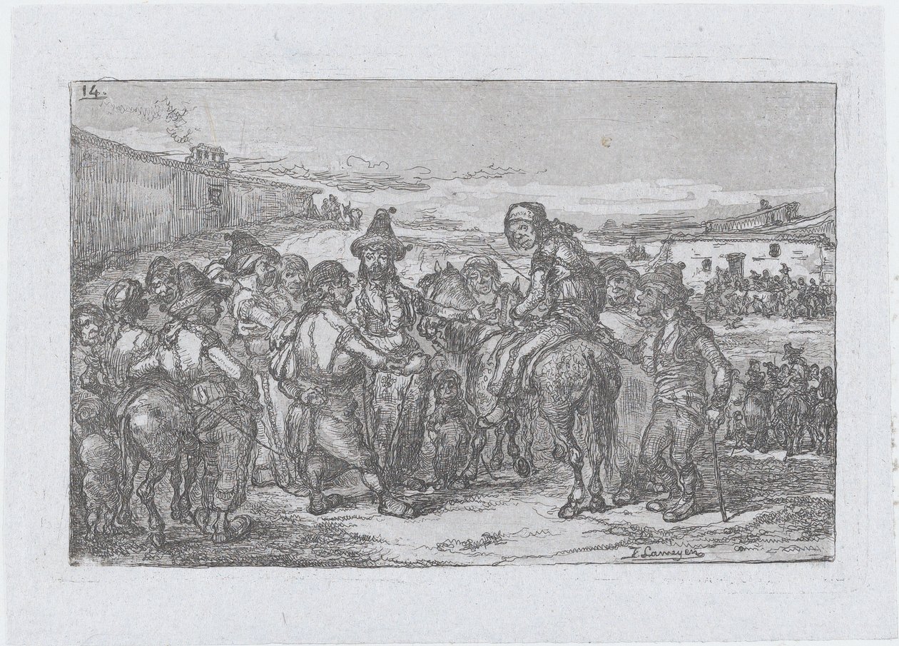 Placa 14: un gran grupo de personas al aire libre, posiblemente una compañía de actores, de la serie, 1850 de Francisco Lameyer Berenguer