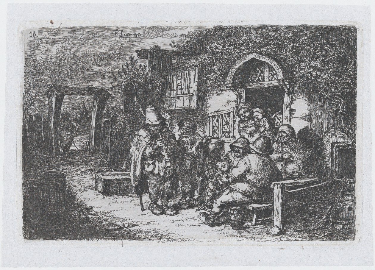 Placa 18: músicos callejeros y otras figuras fuera de una taberna, de la serie de costumbres..., 1850 de Francisco Lameyer Berenguer