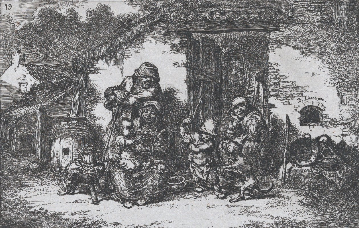 Placa 19: una familia y un niño jugando con un perro fuera de una casa, de la serie de costumbres, 1850 de Francisco Lameyer Berenguer