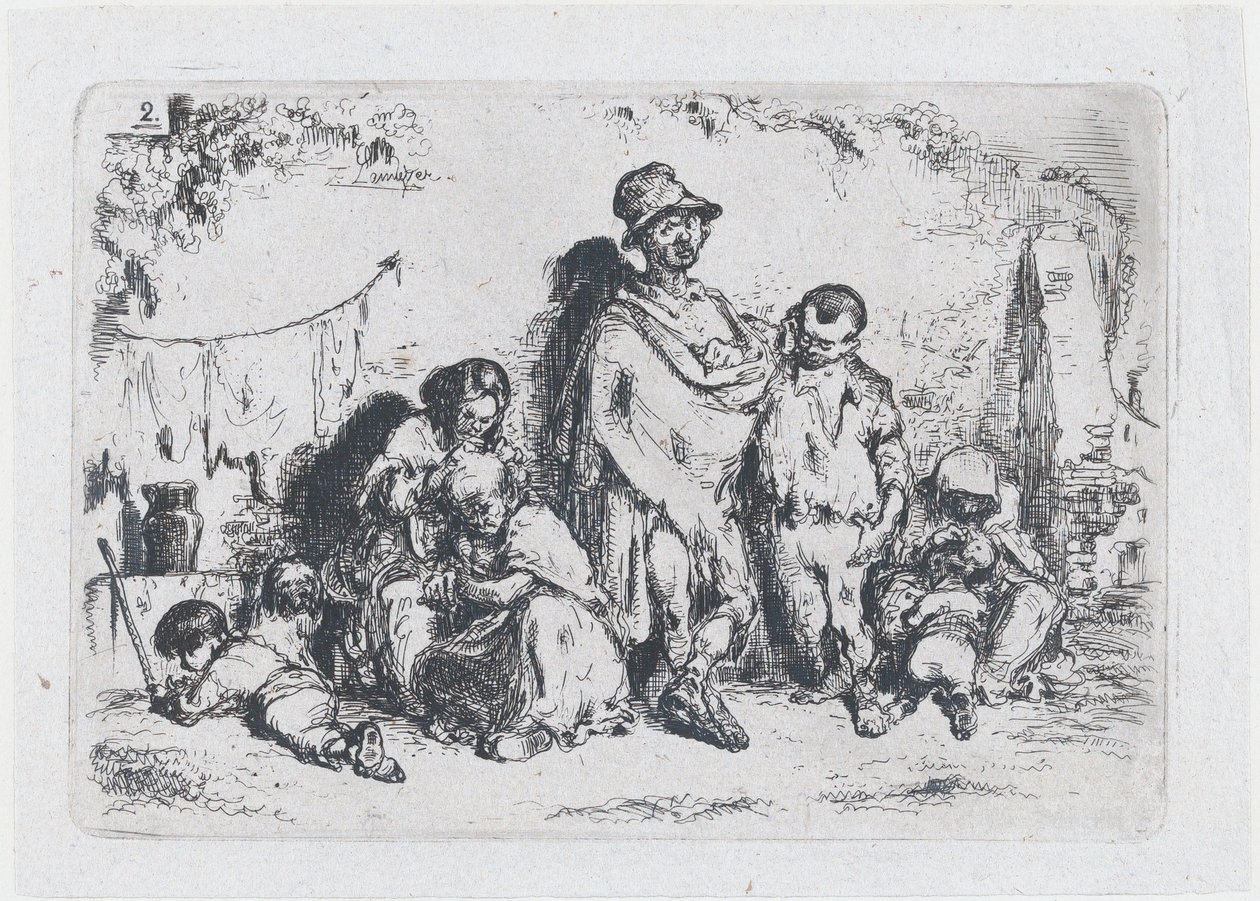 Placa 2: un grupo de personas en la calle, posiblemente mendigos, de la serie de costumbres y..., 1850 de Francisco Lameyer Berenguer