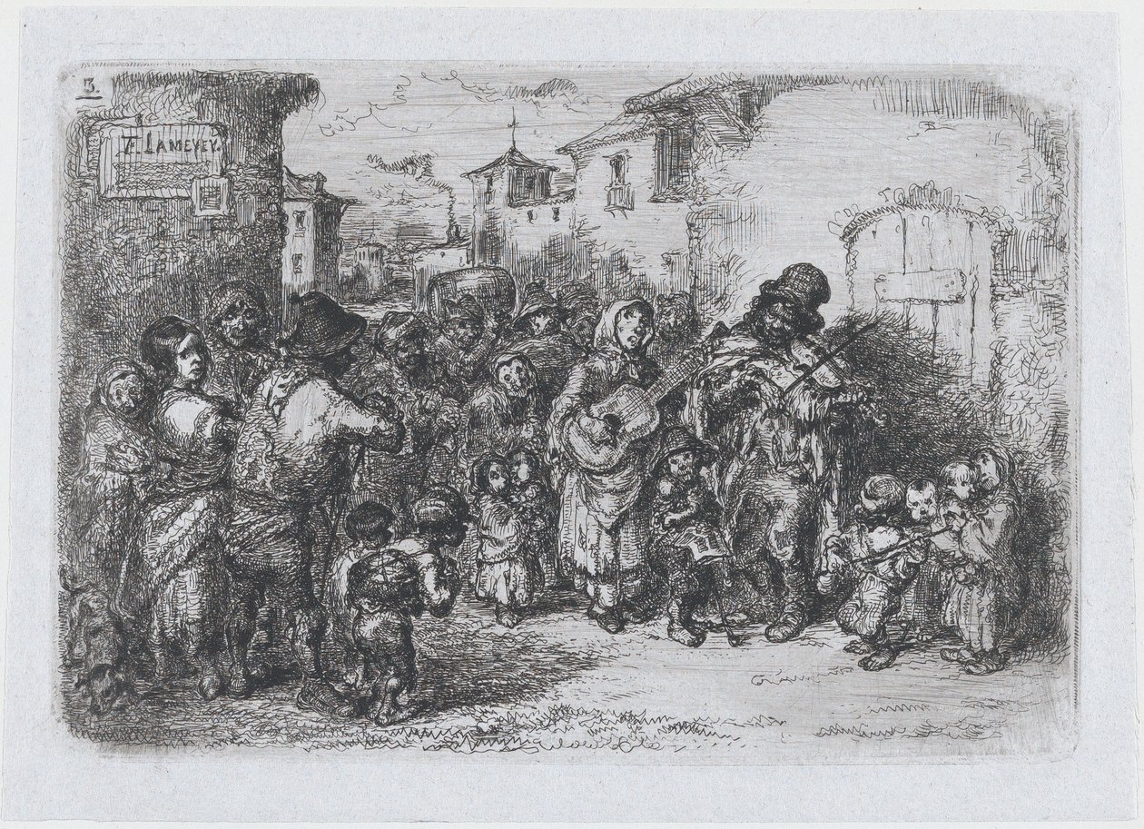 Placa 3: un grupo de músicos callejeros, de la serie de costumbres y pasatiempos de los españoles..., 1850 de Francisco Lameyer Berenguer