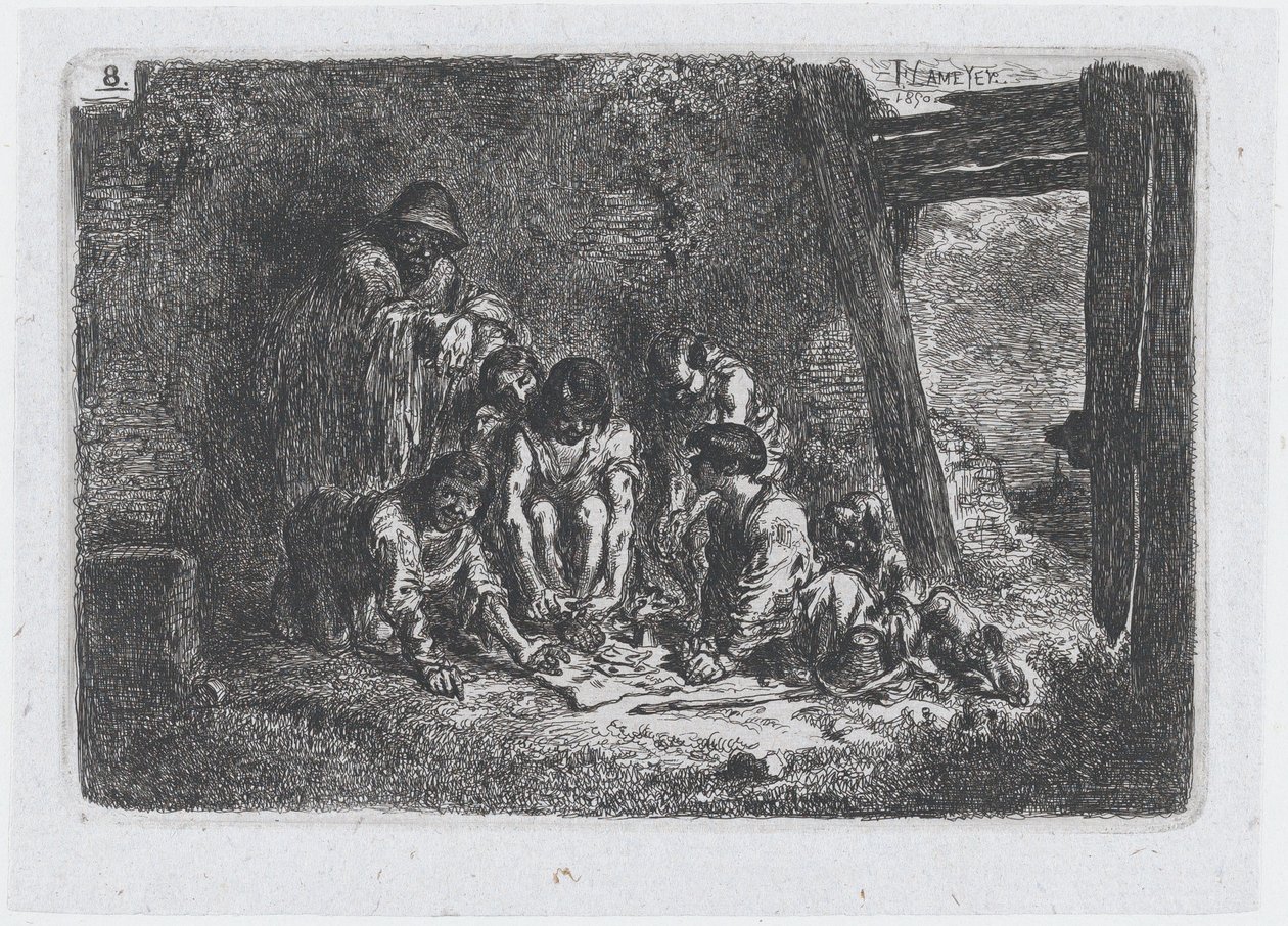 Placa 8: un grupo de figuras, algunos de los cuales están jugando un juego, de la serie de costumbres, 1850 de Francisco Lameyer Berenguer