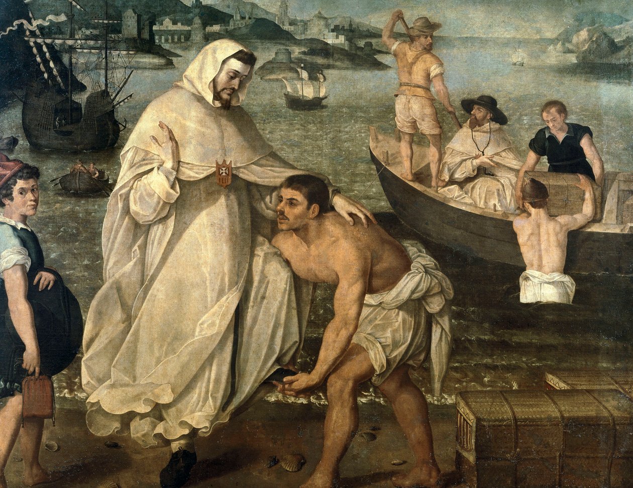 San Pedro Nolasco (1189-1256) se embarca para liberar a los cautivos cristianos retenidos como rehenes por piratas moros para ser vendidos como esclavos en África (pintura) de Francisco Pacheco