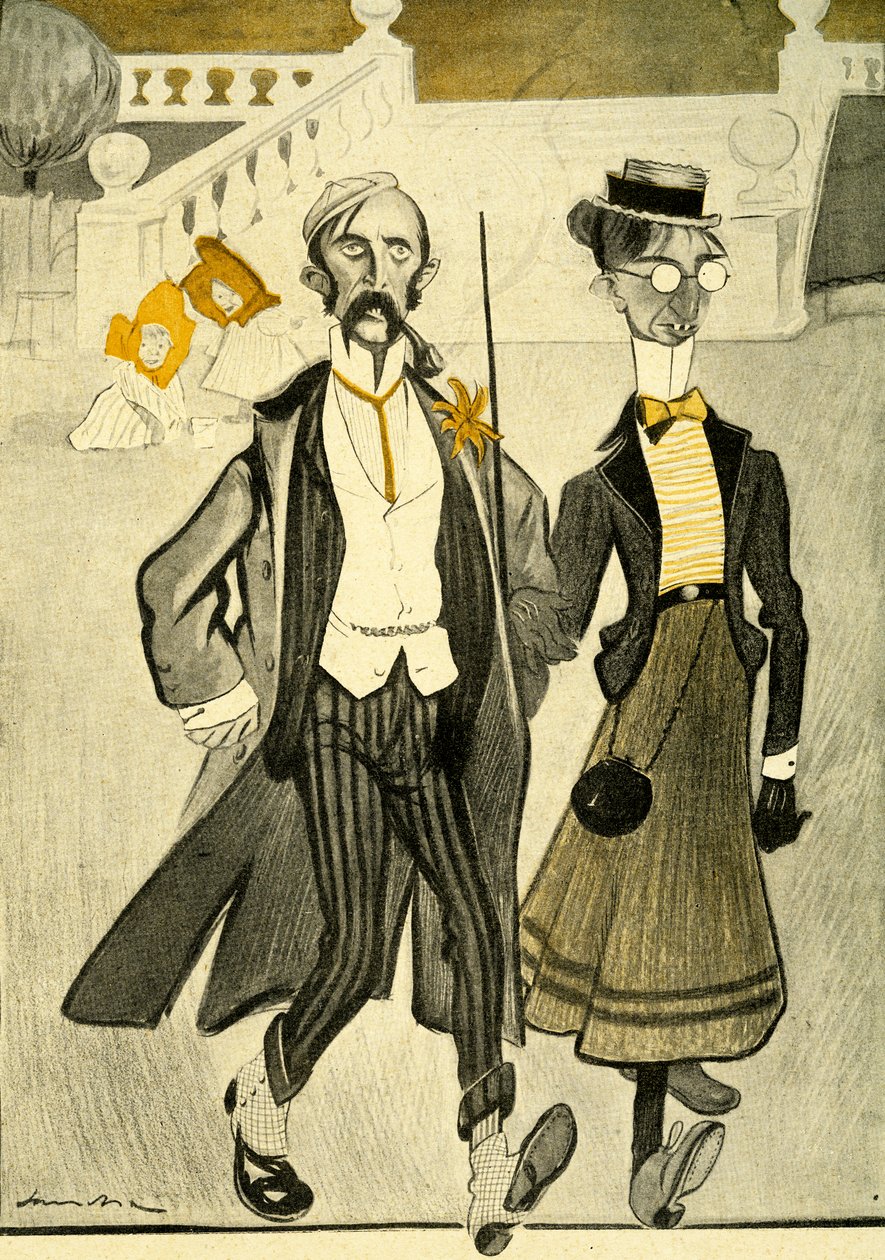 Una pareja inglesa en Francia siendo burlada por su extraño sentido de la moda, 1903 de Francisco Sancha y Lengo