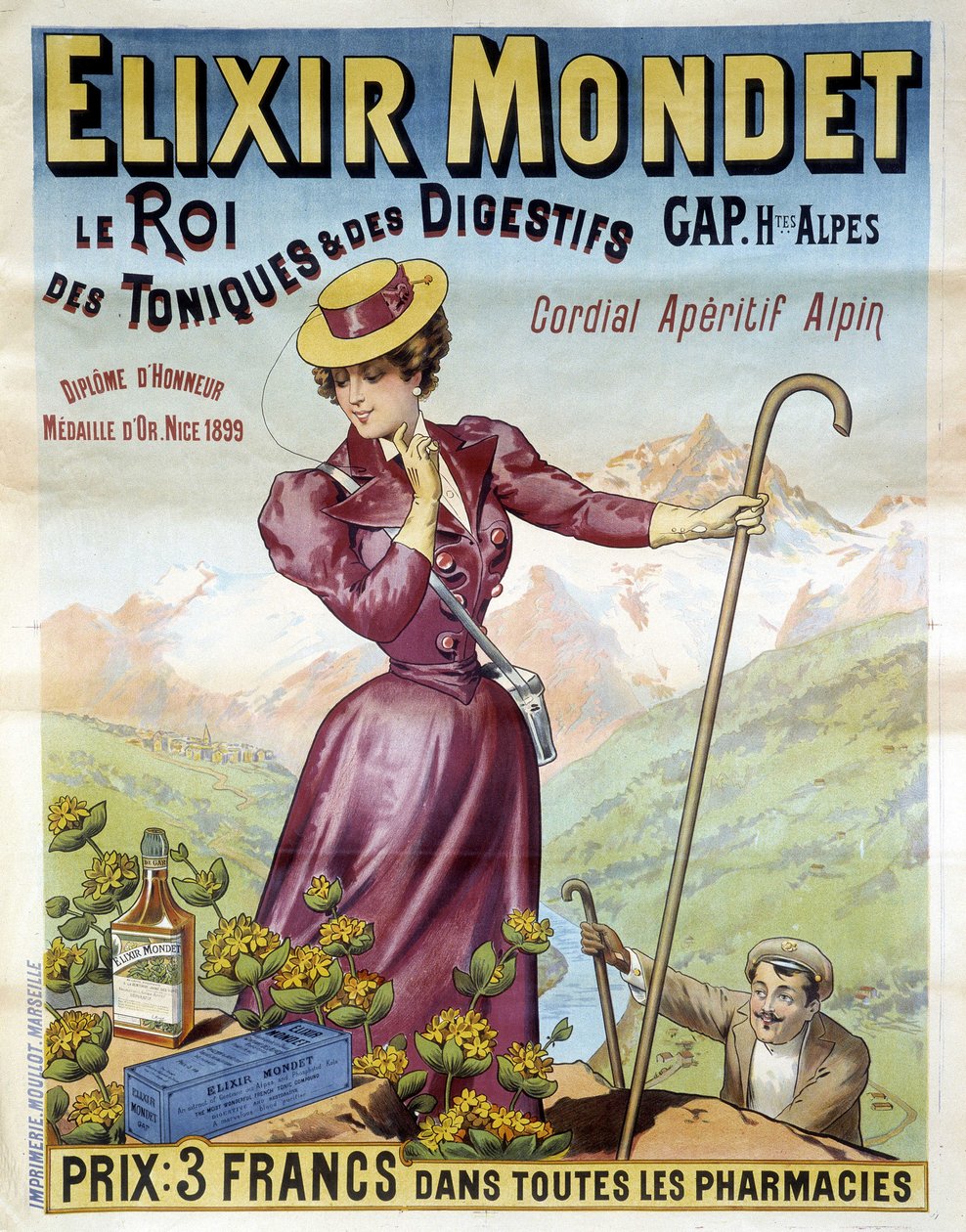 Cartel publicitario de 1900 para el Elixir Mondet "el rey de los tónicos y digestivos, aperitivo cordial alpino" de Francisco Tamagno