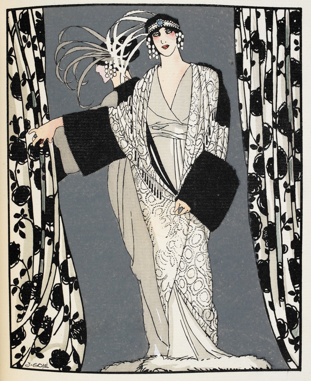 Blanco y negro. Una mujer con un traje diseñado en 1855 por John Redfern, ilustración de 