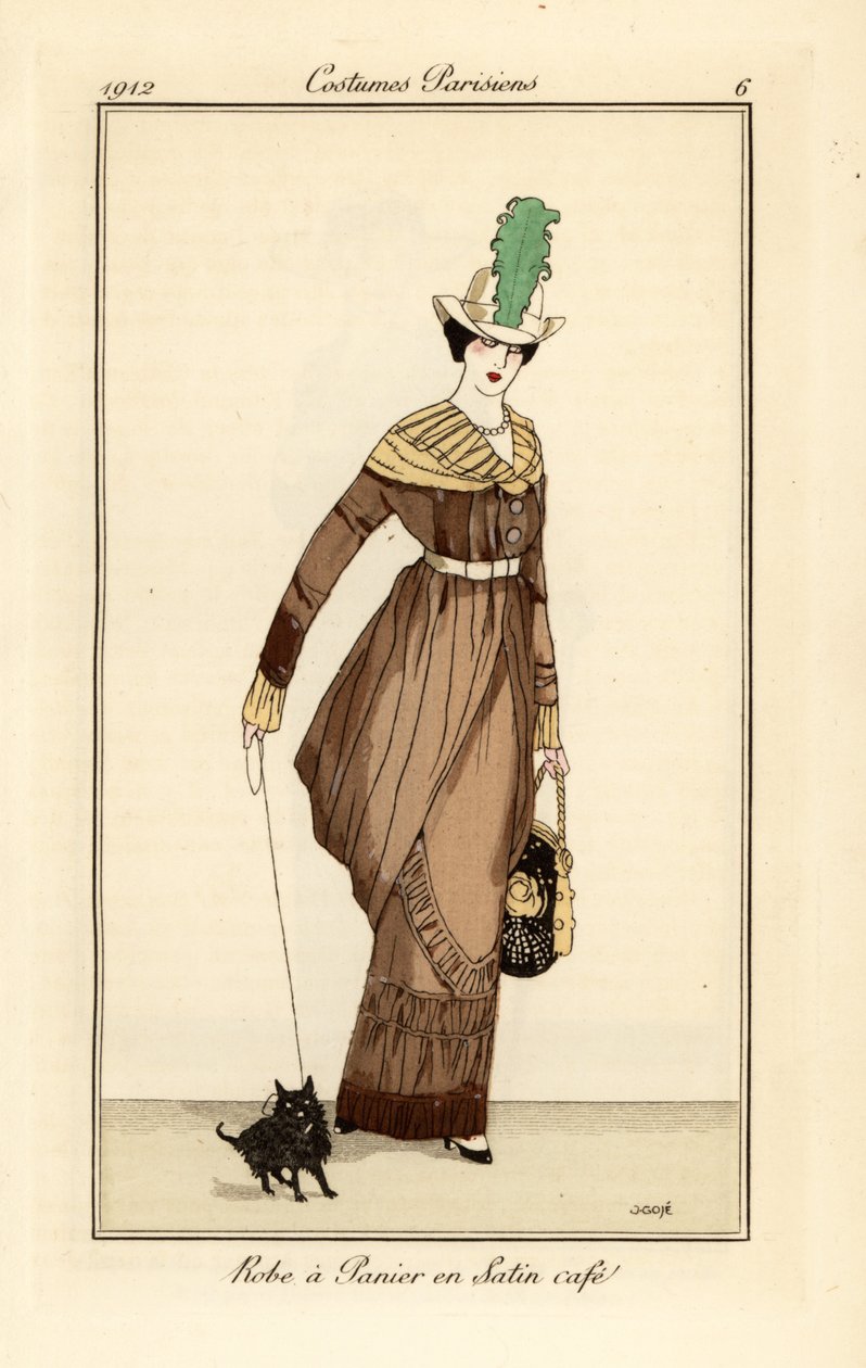 Mujer con vestido de panier en satén color café con perro, grabado del Journal des Dames et des Modes de Tommaso Antongini, Aux Bureaux du Journal des Dames, París de Francesc Xavier Gosé