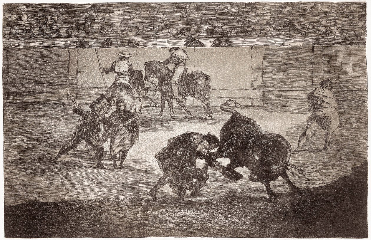 Corrida de toros: un torero entra en la arena para matar al toro con un sombrero en lugar de la muleta de Francisco de Goya