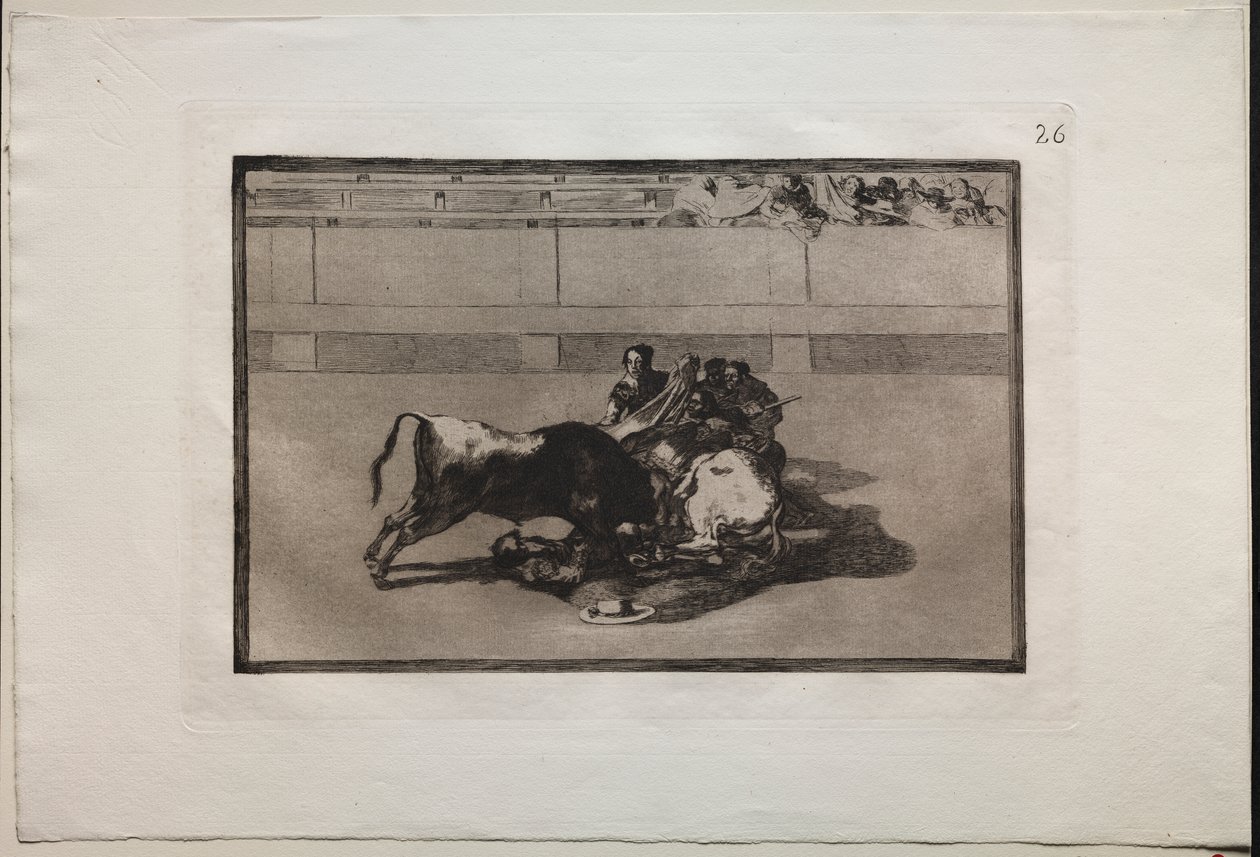 Corridas de toros: Un picador es desmontado y cae bajo el toro de Francisco de Goya
