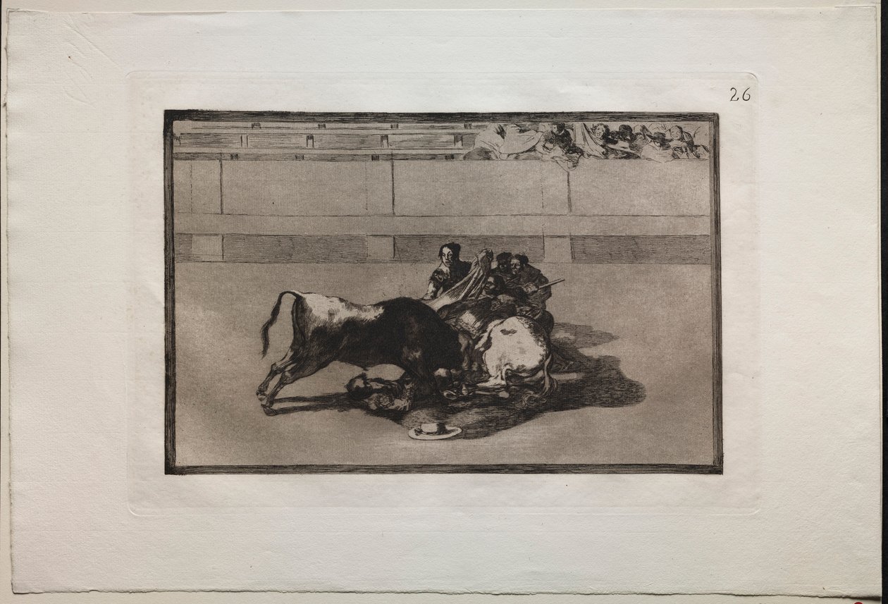 Corridas de toros: Un picador es desmontado y cae bajo el toro, 1876 de Francisco de Goya