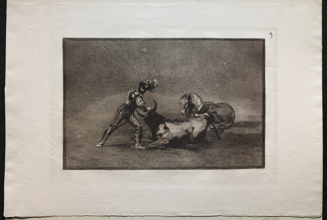 Corridas de toros: Un caballero español mata al toro después de haber perdido su caballo de Francisco de Goya