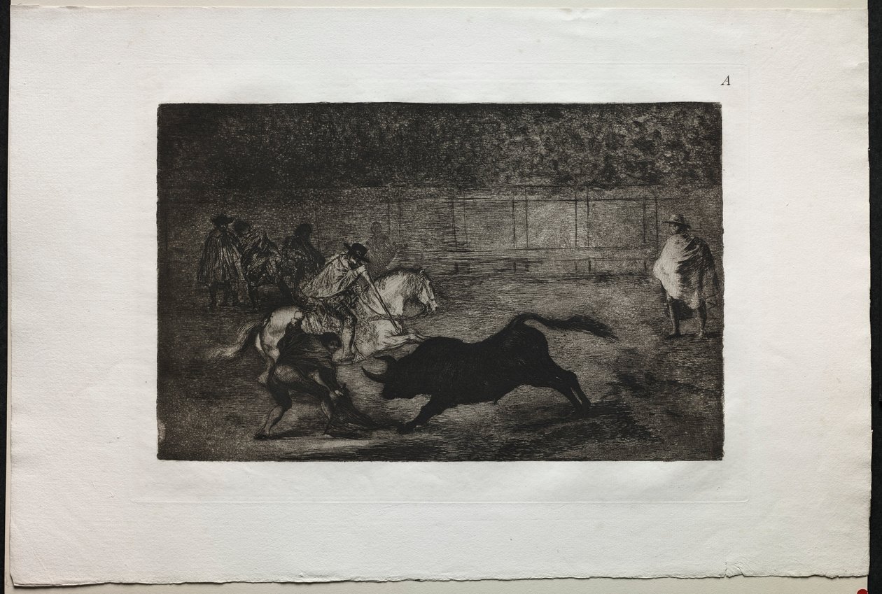 Corridas de toros: Un caballero español montado rompiendo lanzas cortas con la ayuda de asistentes, 1876 de Francisco de Goya