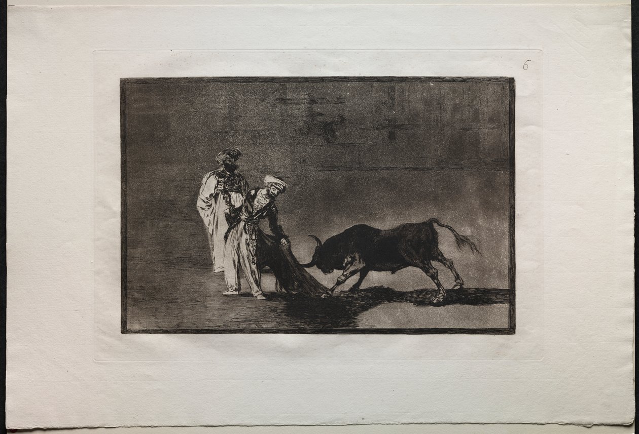 Corridas de toros: Los moros hacen un juego diferente en el ruedo llamando al toro con el burnous de Francisco de Goya