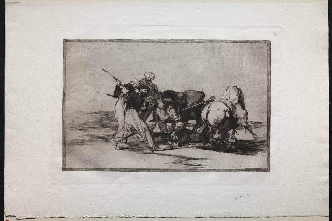 Corridas de toros: Los moros asentados en España, abandonando las supersticiones del Corán, adoptaron este arte de cazar y lanzan un toro en campo abierto de Francisco de Goya