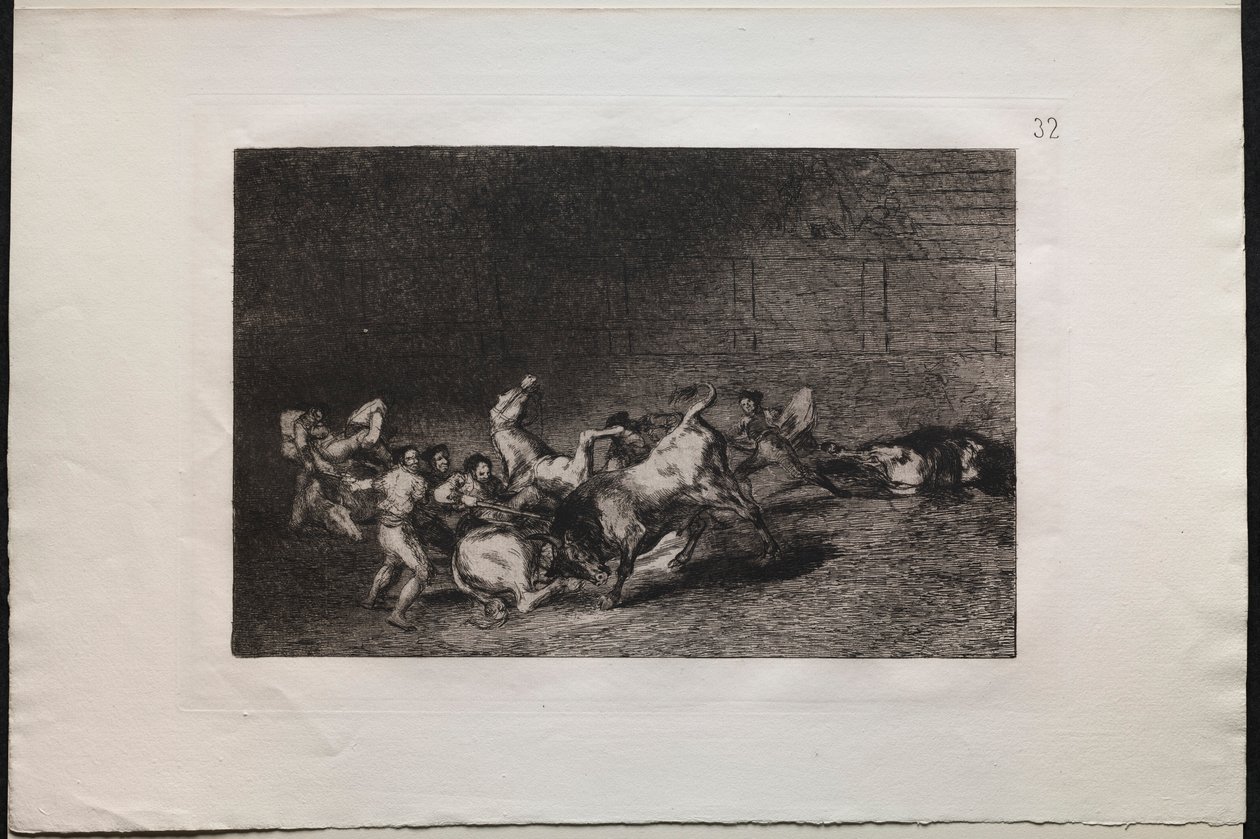 Corridas de toros: dos equipos de picadores arrojados uno tras otro por un solo toro, 1876 de Francisco de Goya