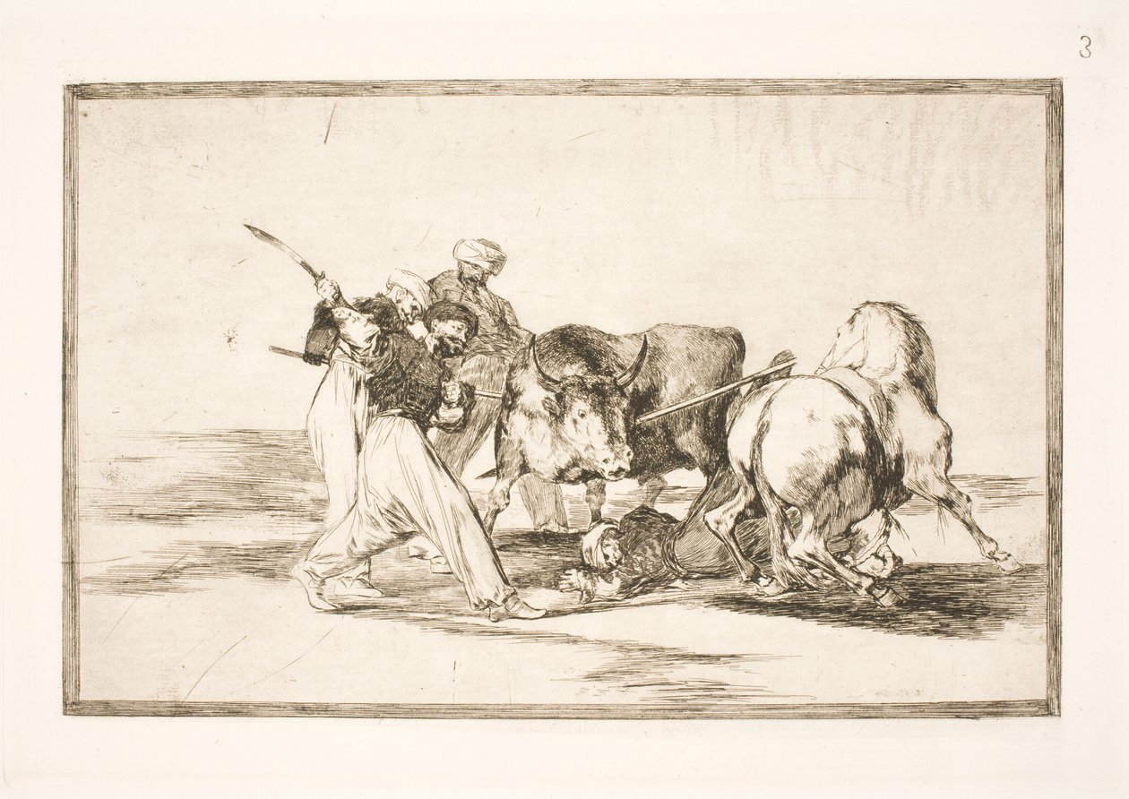 Los moros que se asentaron en España y abandonaron la superstición del Corán, adoptaron esta técnica de cazar y ensartar un toro en la llanura de Francisco de Goya