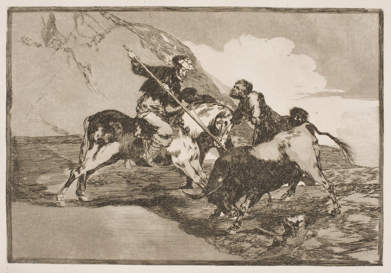 La manera en que los antiguos españoles a caballo cazaban toros en la llanura de Francisco de Goya