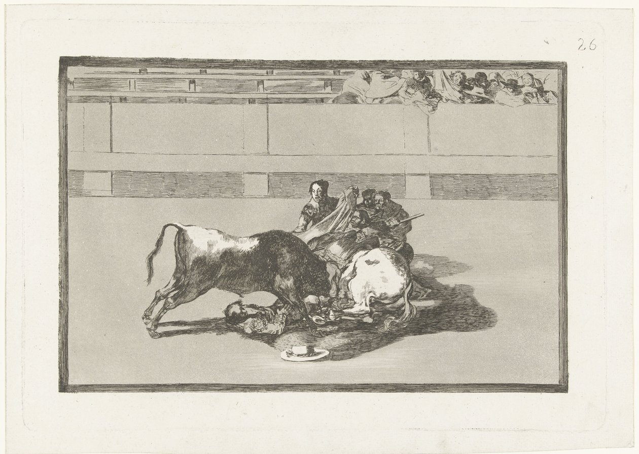 Un picador ha sido derribado de su caballo y yace debajo del toro. Caida de un picador de su caballo debajo del toro La Tauromaquia (título de la serie) Corridas de toros (título de la serie) de Francisco de Goya