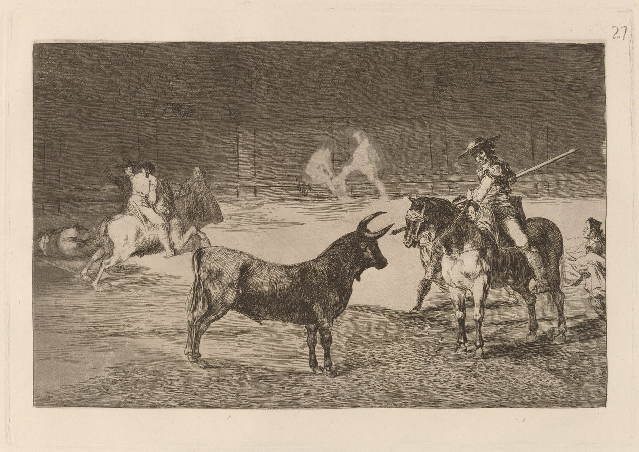El célebre Fernando del Toro, barilarguero, obligando a la fiera con su garrocha de Francisco de Goya