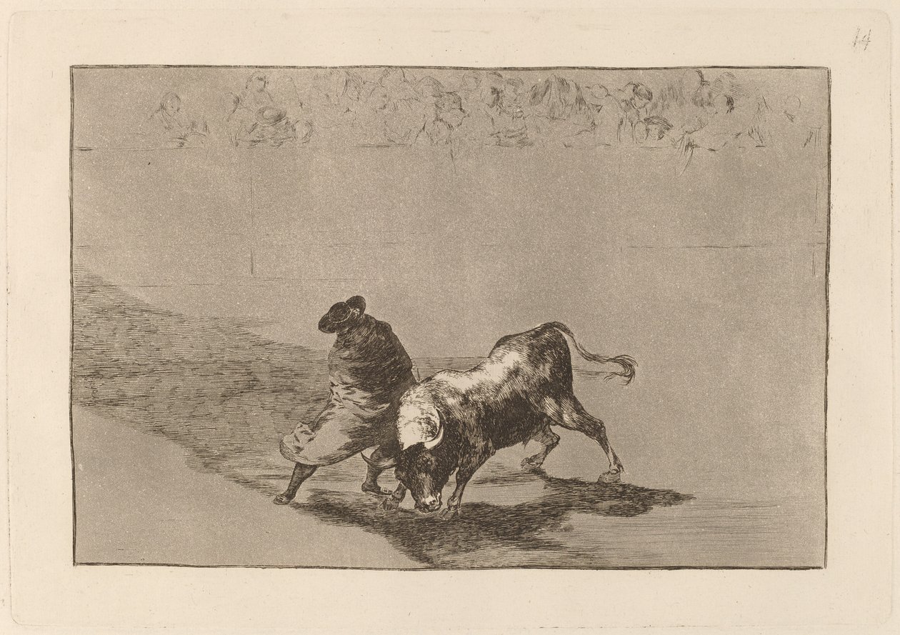 El diestrísimo estudiante de Falces, embozado burla al toro con sus quiebros de Francisco de Goya