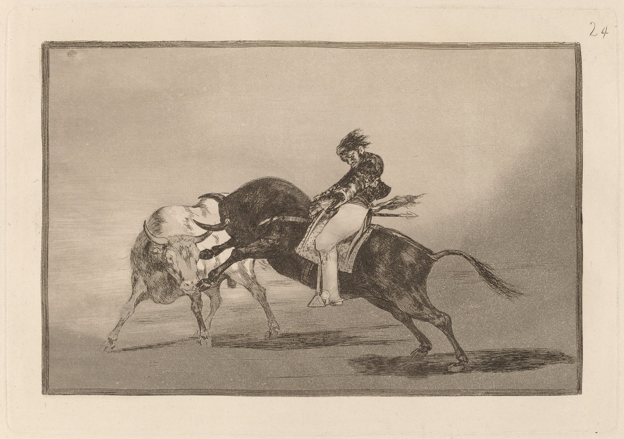 El mismo Ceballos montado sobre otro toro quiebra rejones en la plaza de Madrid de Francisco de Goya
