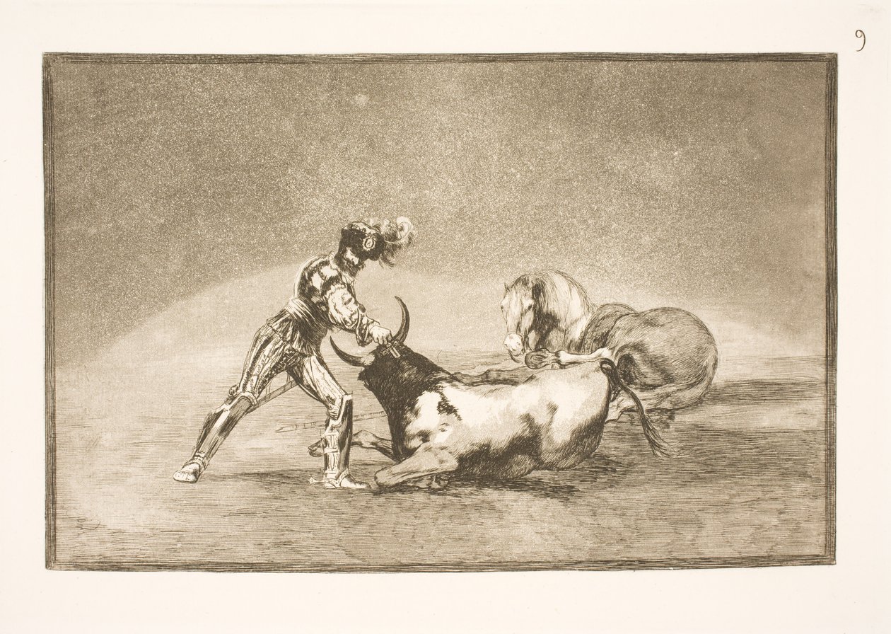 Un jinete español mata al toro después de perder su caballo de Francisco de Goya