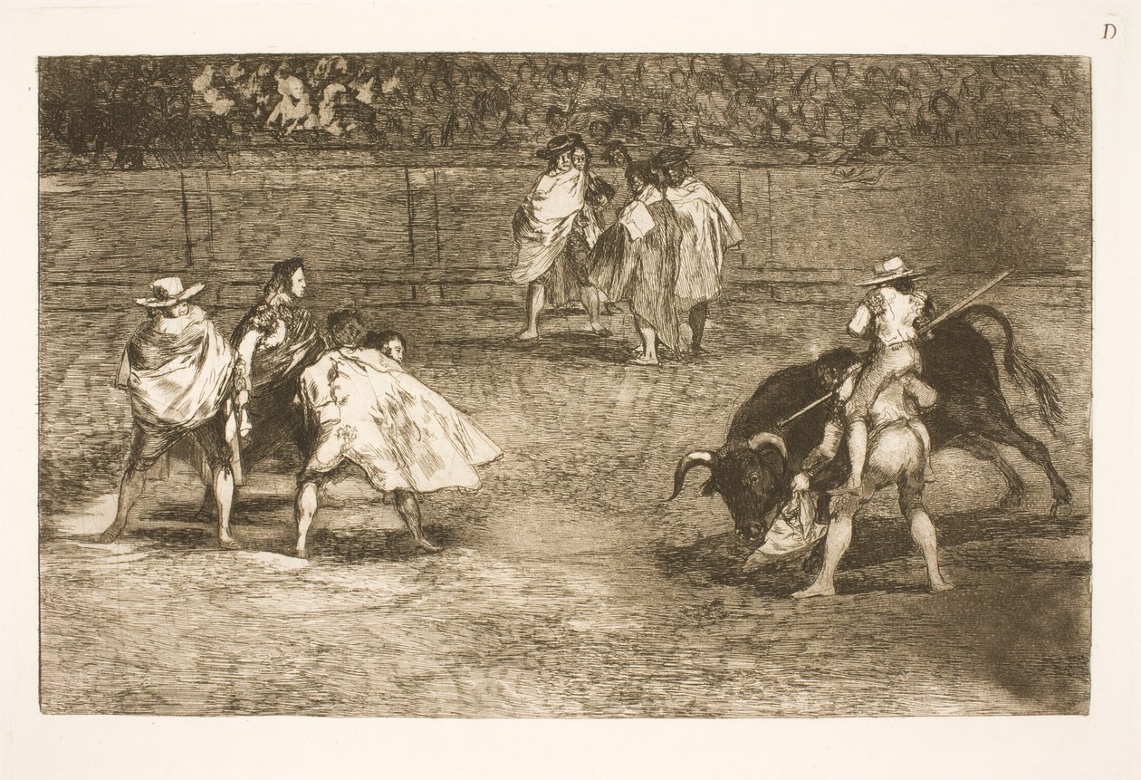 Un torero, sentado sobre los hombros de un ayudante, apuñala a un toro de Francisco de Goya