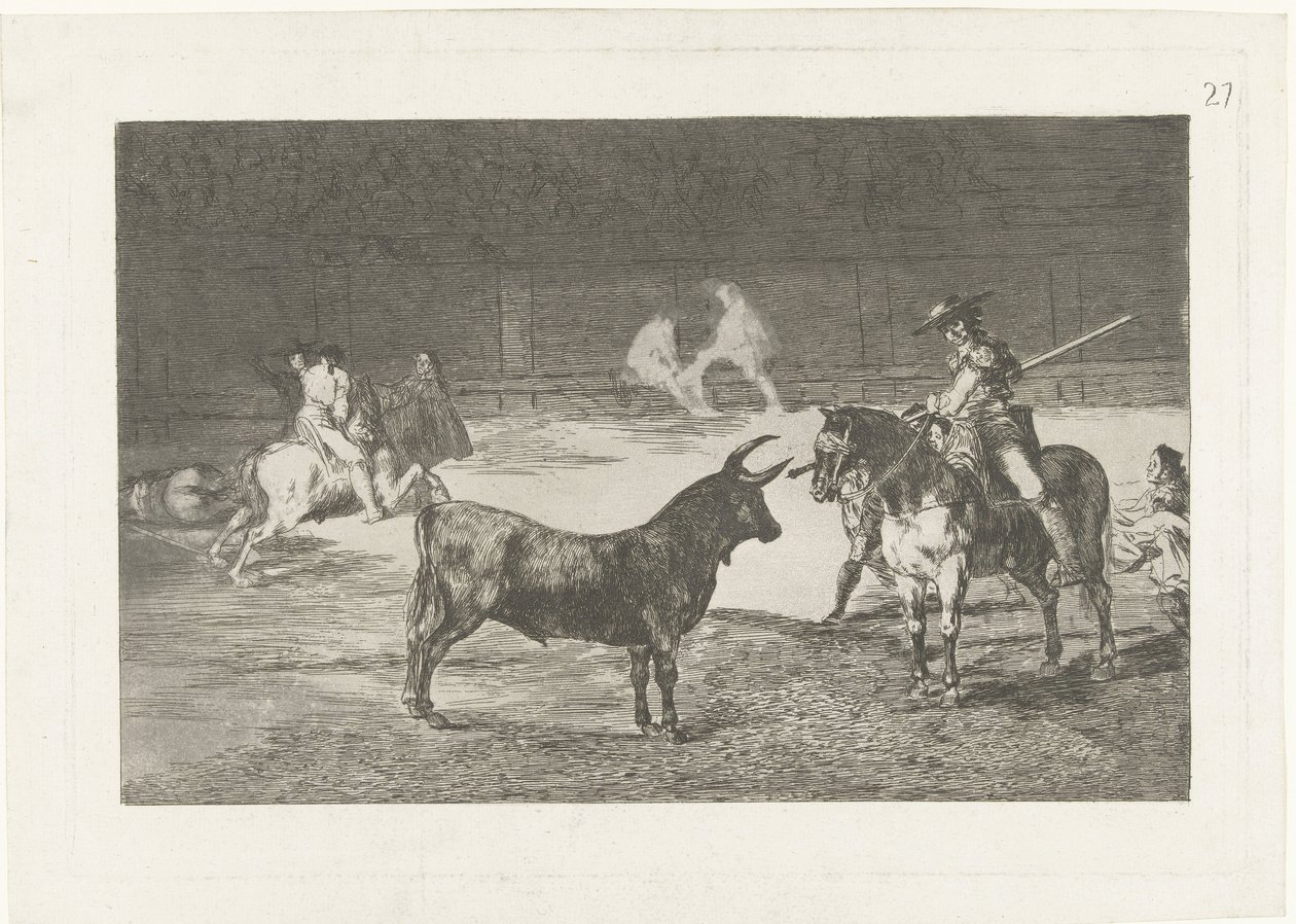 Fernando del Toro daagt een stier uit El célebre Fernando del Toro, barilarguero, obligando á la fiera con su garrocha La Tauromaquia (series title) Stierenvechten (series title) de Francisco de Goya