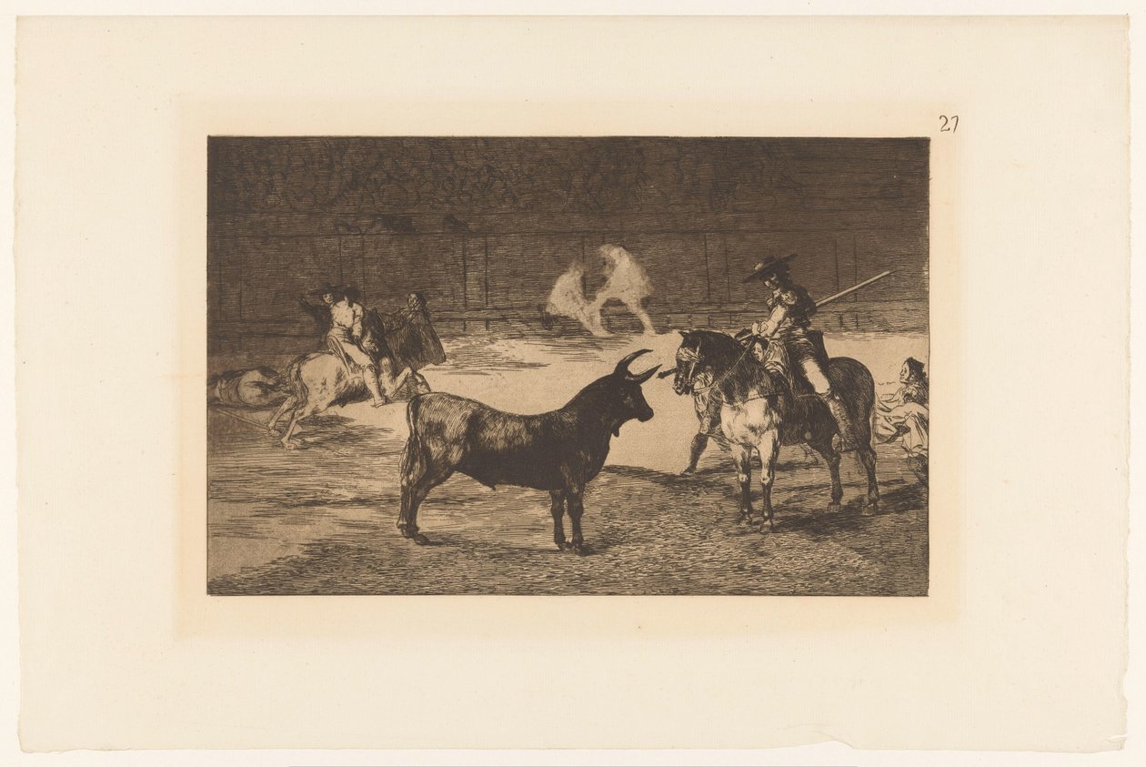 Fernando del Toro daagt een stier uit El célebre Fernando del Toro, barilarguero, obligando á la fiera con su garrocha Stierengevechten (series title) La Taureaumachie (series title) La Tauromaquia (series title) de Francisco de Goya