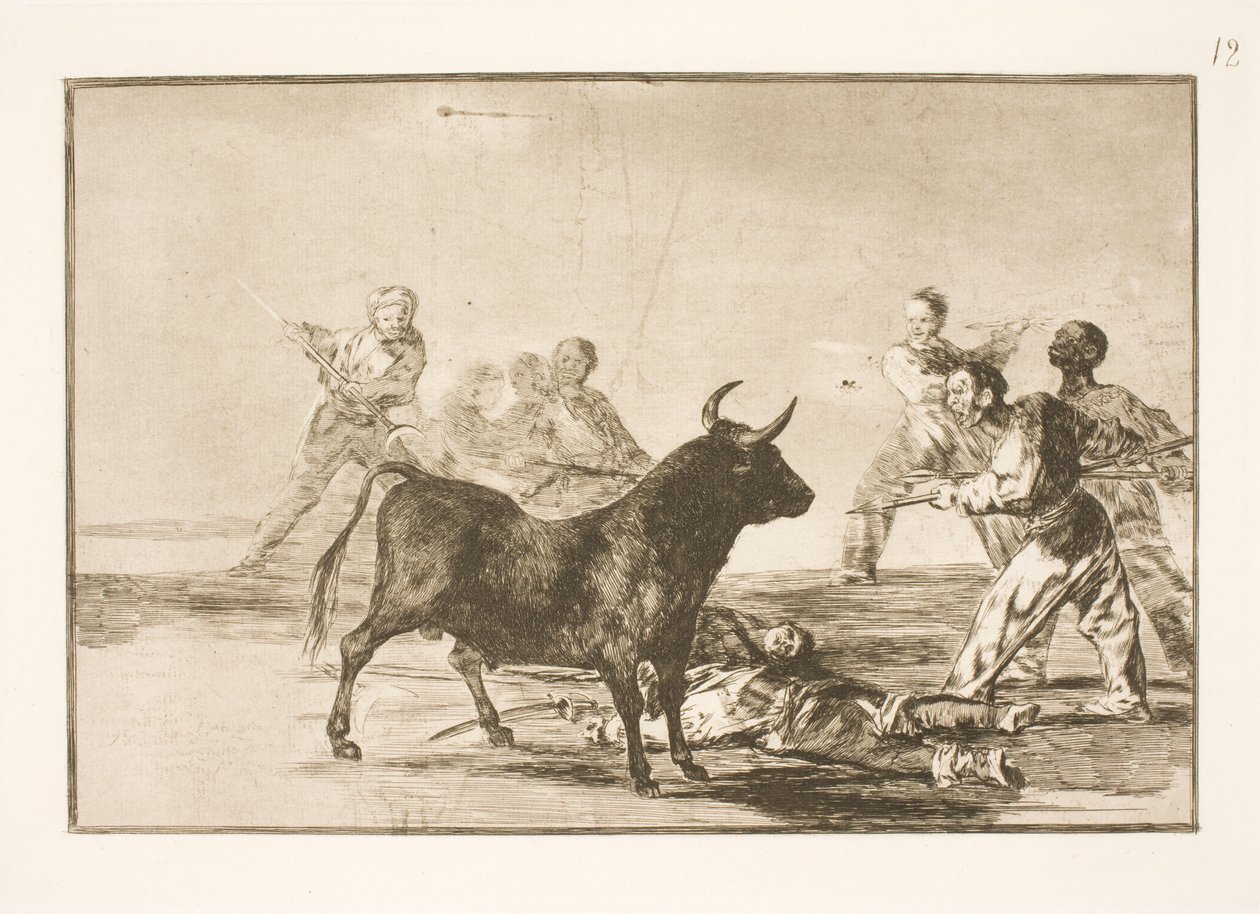 El pueblo ataca al toro con lanzas, hoces, banderillas y otras armas de Francisco de Goya