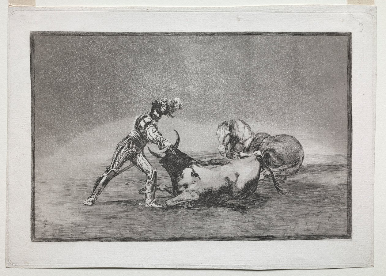 La Tauromaquia: Un caballero español mata al toro después de haber perdido su caballo, 1815-1816 de Francisco de Goya