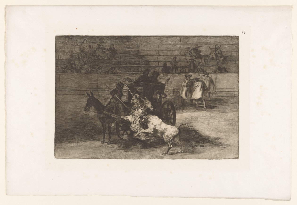 Los hombres atacan a un toro de un carro Combat dans une voiture attelée de deux mulets Corridas de toros (título de la serie) La Taureaumachie (título de la serie) La Tauromaquia (título de la serie) de Francisco de Goya